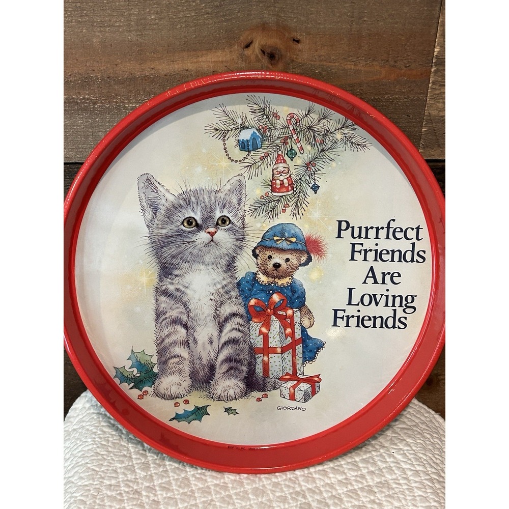 1992 Grey Kitten & Friends Holiday Christmas Metal Serving Tray by Giordano